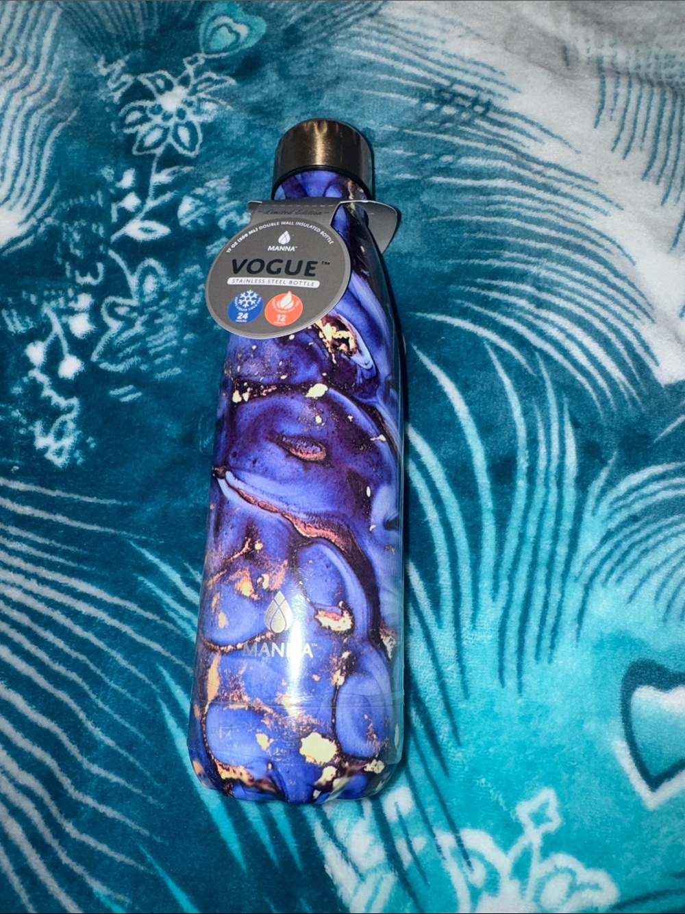 Vogue Marbled Blue and Gold Stainless Water Bottle